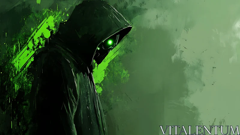 Neon hooded phantom studies the city from emerald shadows