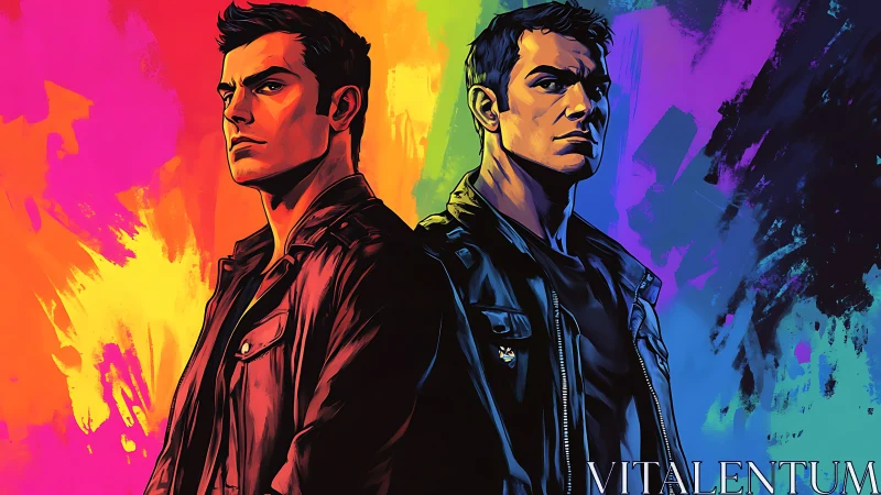 Dual leather-clad figures on neon-splashed gradient backdrop.