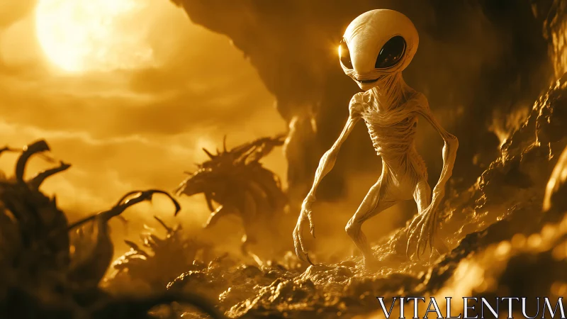 Moonlit dune walker alien strolling a molten gold wasteland.