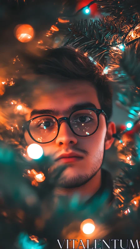 Portrait of man framed by colorful holiday tree lights.