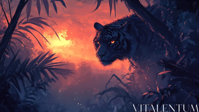 Digital painting of stalking tiger in neon dusk jungle light.