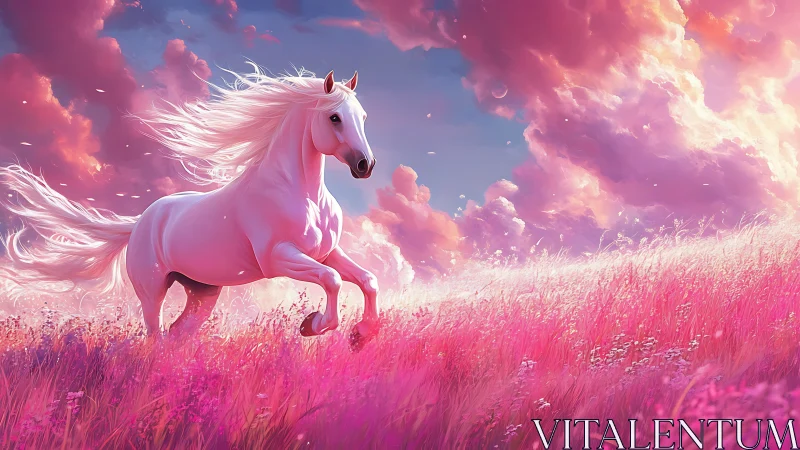 White horse gallops through luminous pink meadow at sunset