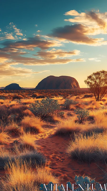 Sunlit desert path leading toward quiet red rock giants.