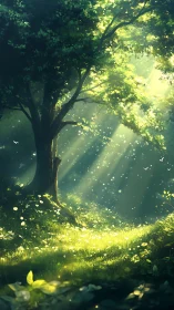 Sunlit forest clearing with single tree and soft foliage.