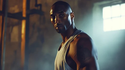Focused athletic man in moody indoor gym light portrait.