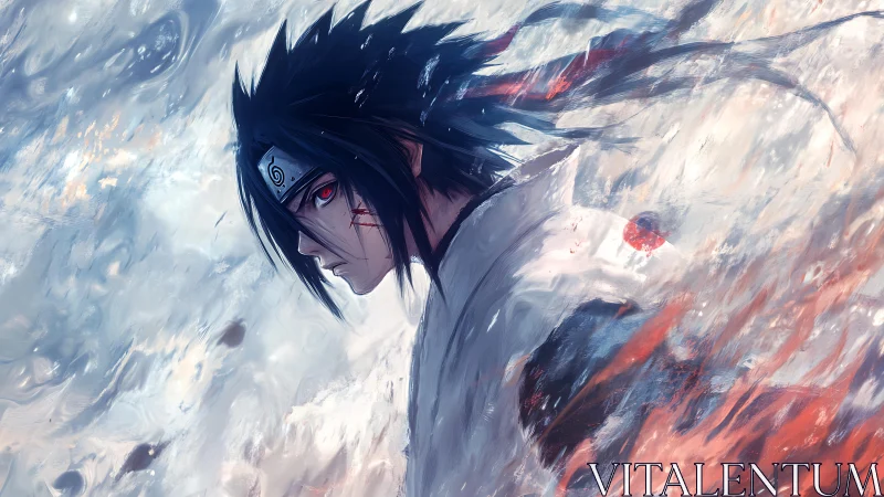 Storm-lit ninja portrait wrapped in swirling painted wind.