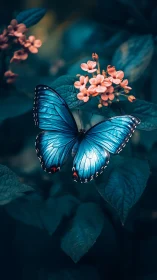 Shimmering blue butterfly rests gently among soft coral blooms