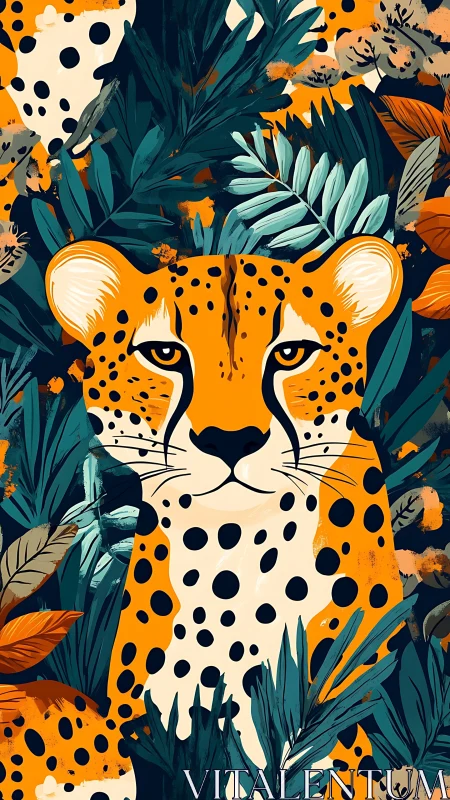 Stylized cheetah portrait amid bold tropical foliage.
