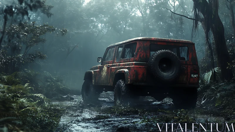 Mud-worn red 4x4 waits in misty jungle hush after storms.