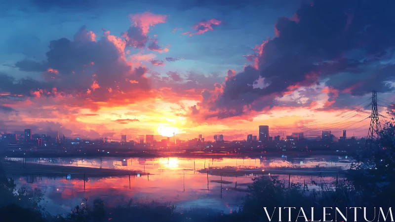 Sunset circuitry over neon river and dreaming city horizon.