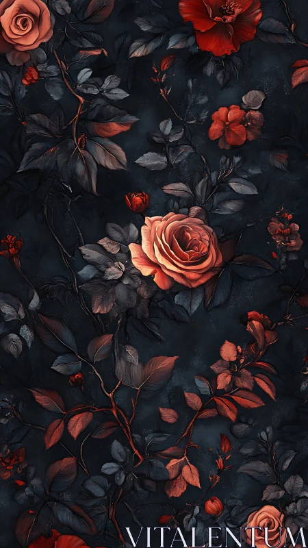 Dark Floral Composition with Coral Roses on Black Background