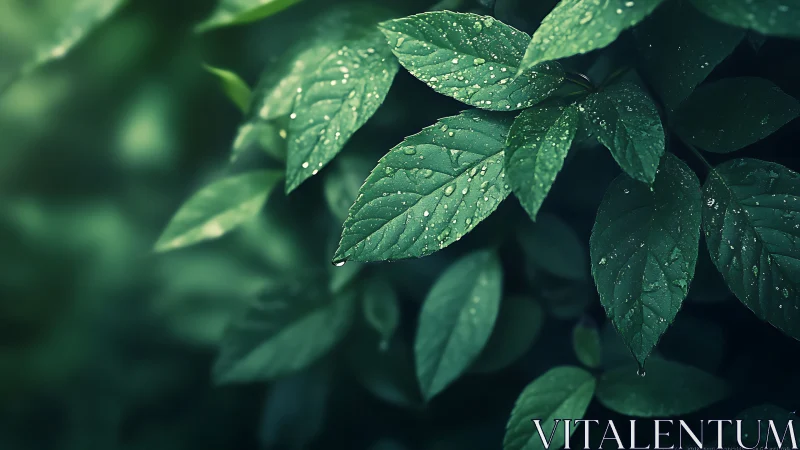 Rain-kissed emerald leaves whispering in soft forest hush.