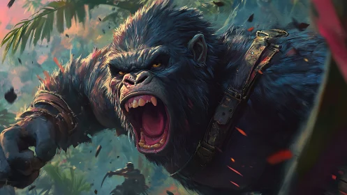 Roaring jungle guardian charging through wild, vivid chaos.