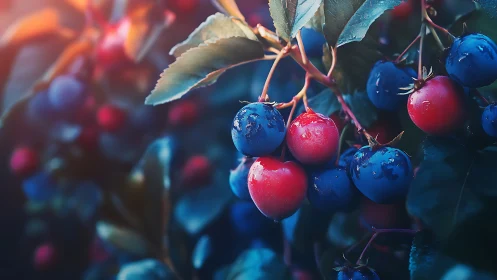 Ripe blue and red berries glow in enchanted garden light