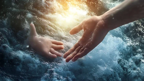 Two human hands reach toward each other above turbulent water