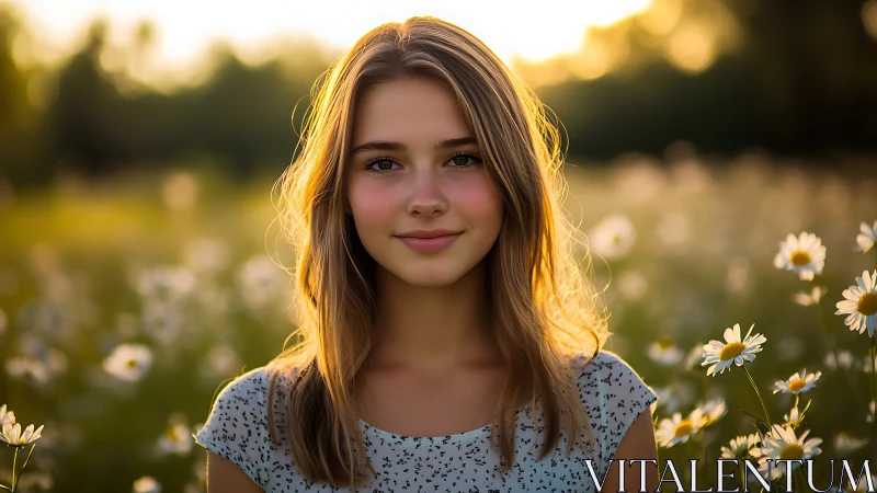 Sunlit shallow‑depth portrait of girl in daisy field at dusk