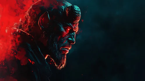 High-contrast demon portrait uses dual-tone rim lighting and vaporous red fog