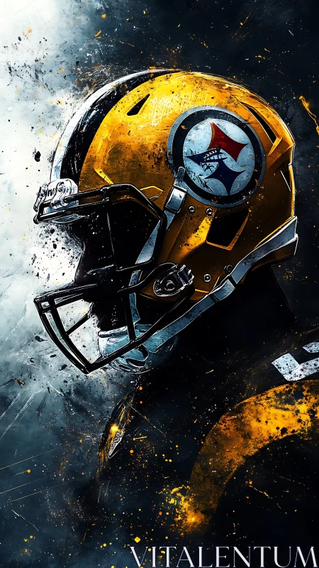 Side profile of yellow football helmet in abstract space.