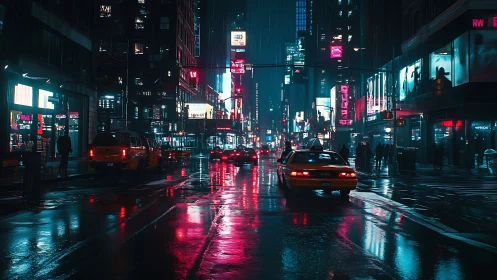 Neon taxis glide through a rain-soaked cyberpunk night street