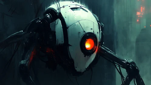 Spherical robot with red eye in dark industrial rain.