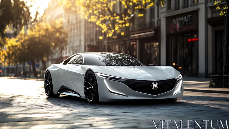 Sleek white concept coupe is parked on a sunlit urban street