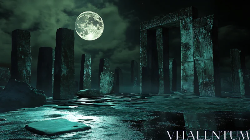 Moonlit ruins beneath misty night sky in teal hues.