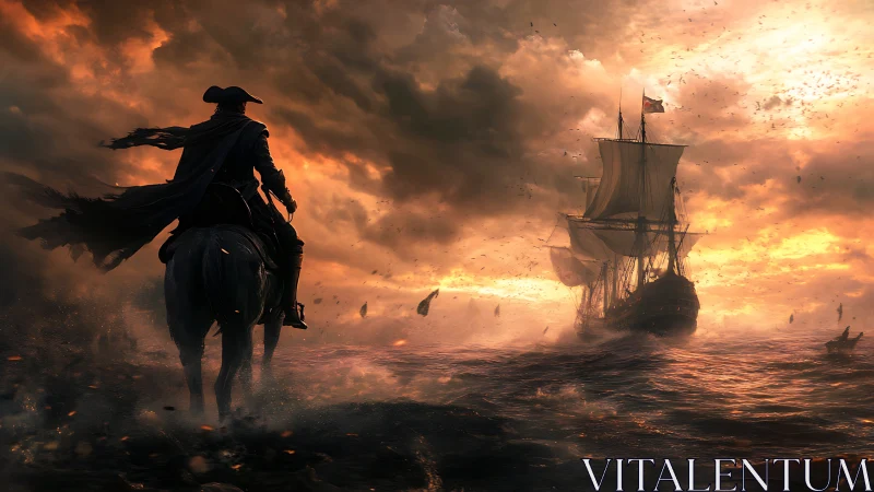 Lone rider confronts burning sea and stormlit warship at dusk.