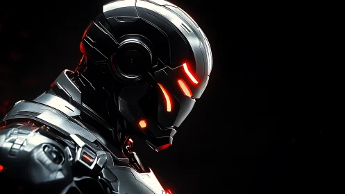 Futuristic armored robot glows warmly in quiet darkness.