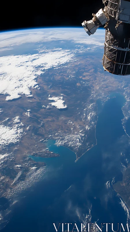 Orbital view records coastline, sea surface and docked module