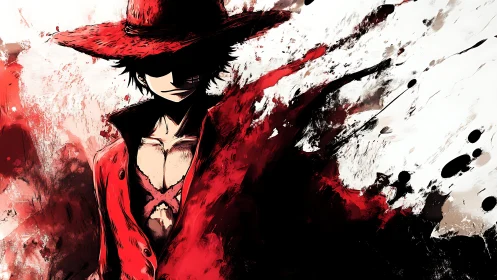 Red coated swordsman cuts through abstract ink storm.