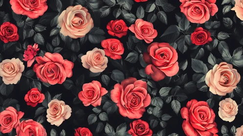 Red and Blush Roses on Dark Botanical Background with Foliage.