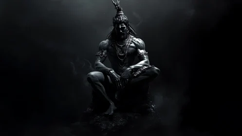 Dark monochrome deity warrior seated in stormy void.