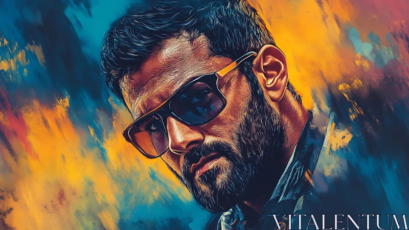 Stylized male portrait with bold sunglasses and neon brushwork.