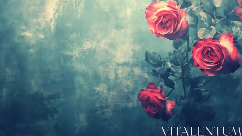 Red Roses Against Weathered Turquoise Wall.