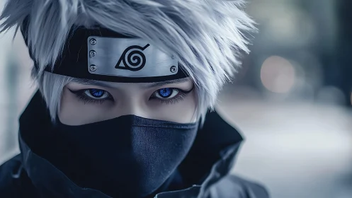 Masked silver-haired ninja portrait with intense blue eyes.
