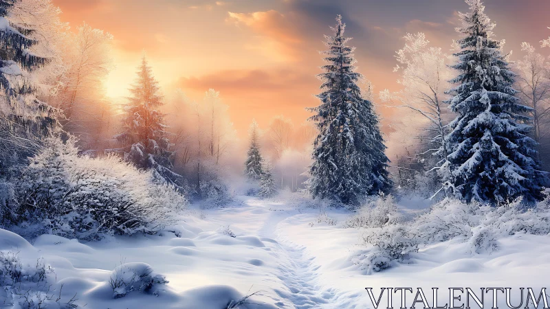 Snowy forest path glowing under a gentle winter sunrise.