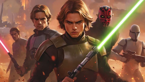 Young warrior team with lightsabers in battle stance.