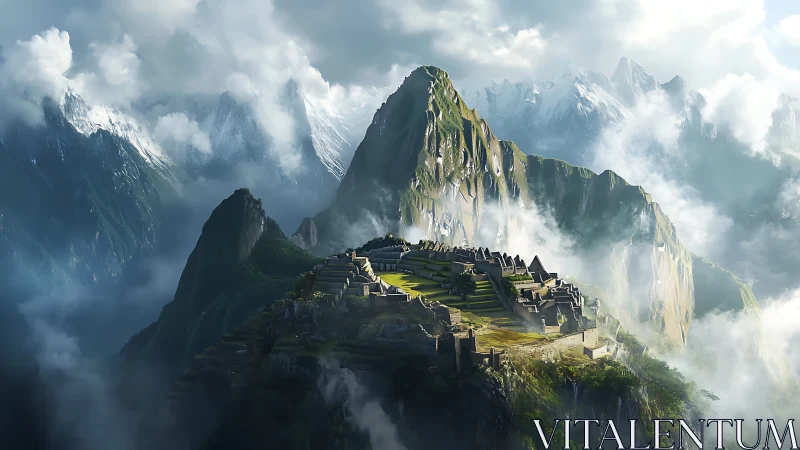 Mystical mountain citadel nestles among drifting silver clouds