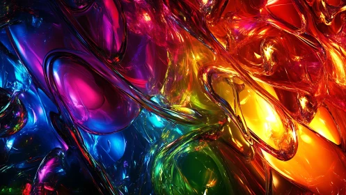 Liquid chromatic glass swirls in luminous rainbow motion.