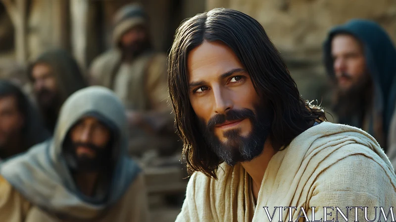 Biblical teacher portrait in warm desert courtyard light.