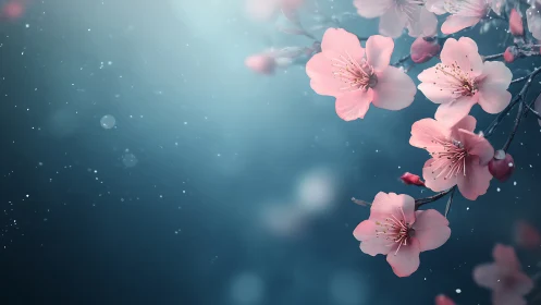 Delicate Cherry Blossoms Dance in Peaceful Blue Light.