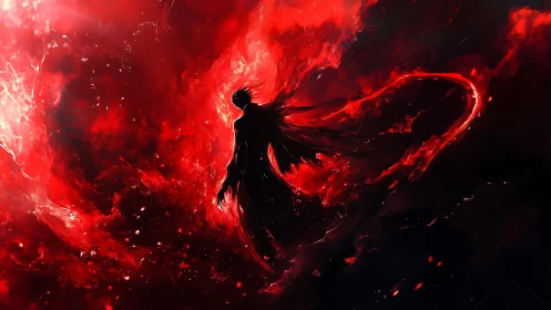Dark silhouetted figure amid swirling red energy field.