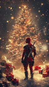 Joyful masked hero admires a glowing Christmas tree