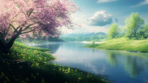 Spring river valley reflects cherry blossom canopy