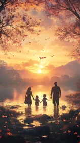 Silhouetted family stands in shallow lake at bright sunset