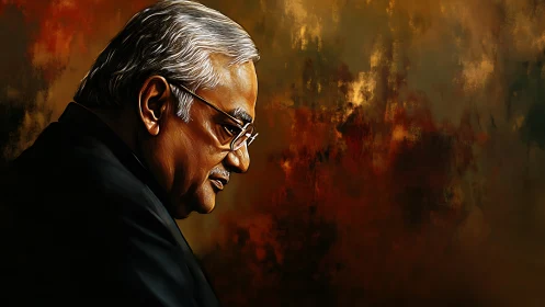 Elderly man in profile rendered against abstract warm background