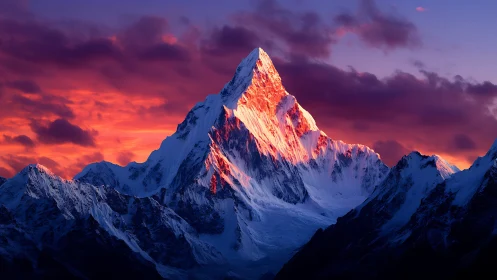 Sunrise fire crowns the icy throne of the mountain king