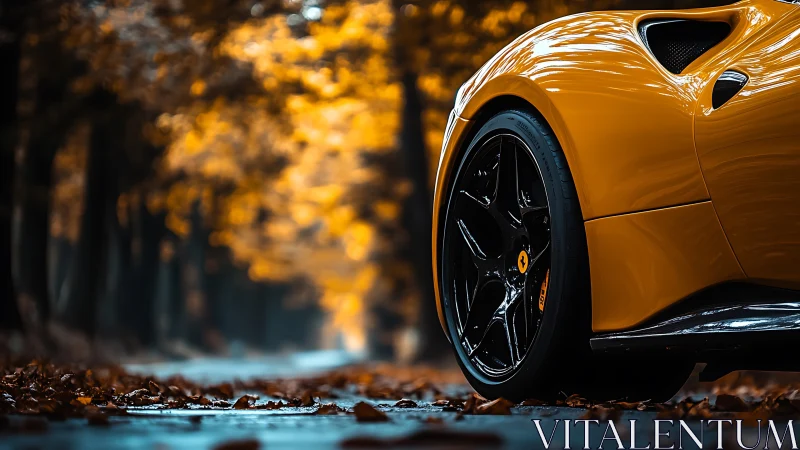 Golden sports car glows against blurred autumn forest road.