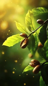 Coffee beans on branch in warm golden sunlight glow.
