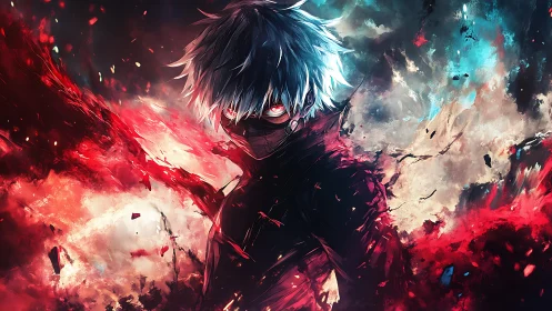 Masked white haired figure amid red and blue energy field.